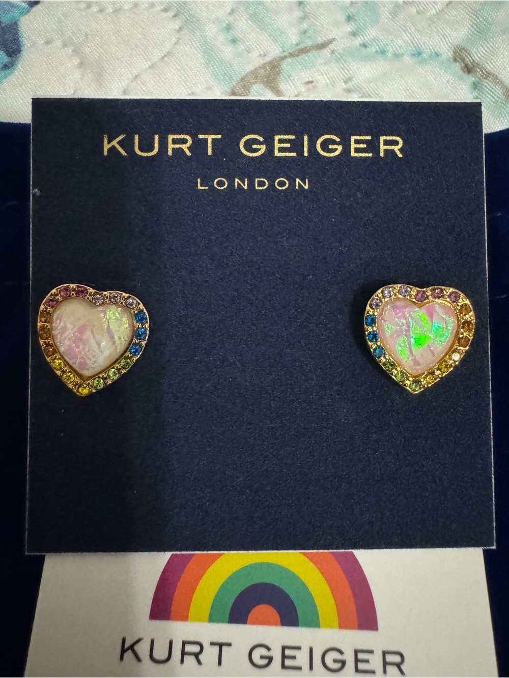 Kurt Geiger Kids Heart Stud Earrings in Pink with Multicolor Crystals - Picture 2 of 3